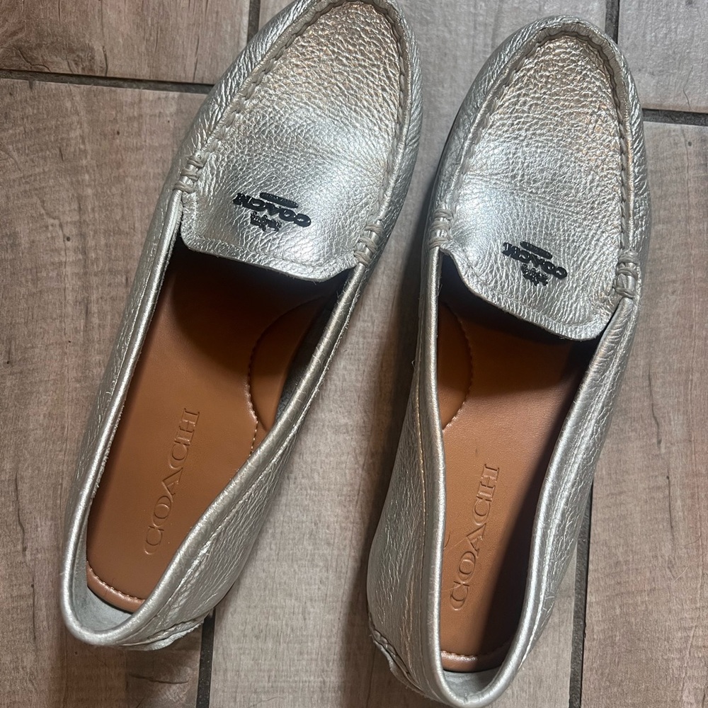 Coach silver slip on driver loafers